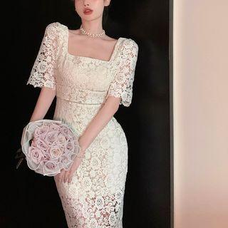 Elbow-sleeve Square Neck Lace Midi Sheath Dress