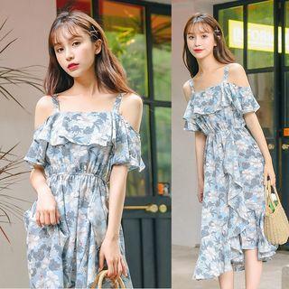 Cut-out Shoulder Floral Printed Maxi Dress