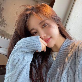V-neck Cable-knit Sweater Sky Blue - One Size