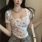Short-sleeve Floral T-shirt Blue - One Size