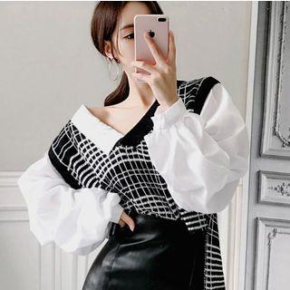 Color Panel Plaid Sweater Black - One Size