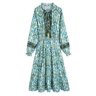 Long-sleeve Print Tasseled Tie-neck Midi A-line Dress