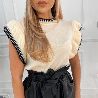 Embroidered Cap-sleeve Knit Top