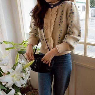 Frill-trim Floral Print Cardigan Blue - One Size