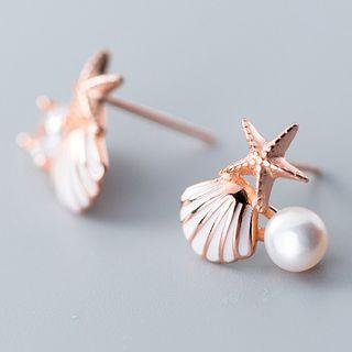 925 Sterling Silver Non-matching Star & Shell Ear Stud
