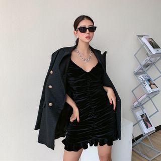 Plain Velvet Ruffle Hem Shirred Sheath Dress