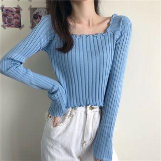 Square Neck Ruffle Trim Knit Top