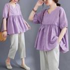 V-neck Short-sleeve Blouse Purple - One Size