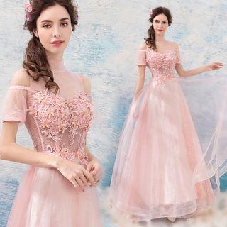 Cutout Shoulder Embroidered A-line Evening Gown