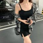 Long-sleeve Plaid Shirt / Sleeveless Slim Fit Dress