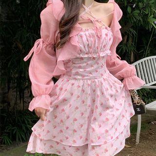 Set: Puff-sleeve Floral Panel Mini A-line Dress+ Plain Cardigan