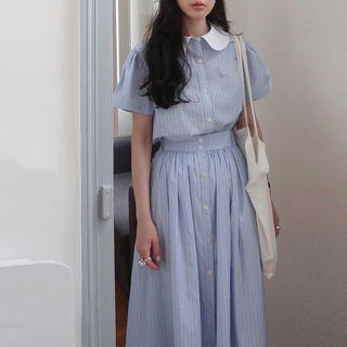 Short-sleeve Peter Pan Collar Blouse / High Waist A-line Midi Skirt