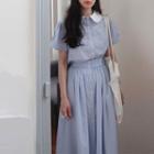 Short-sleeve Peter Pan Collar Blouse / High Waist A-line Midi Skirt