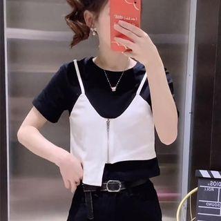 Mock Two-piece Short-sleeve Paneled Zip T-shirt