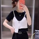 Mock Two-piece Short-sleeve Paneled Zip T-shirt