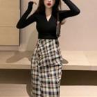 Set: V-neck Top + Sheath Plaid Skirt