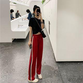 Short-sleeve Crop Top / Contrast Trim Straight-cut Pants