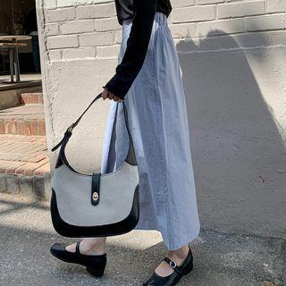 Turn-lock Pleather-panel Hobo Bag Black - One Size