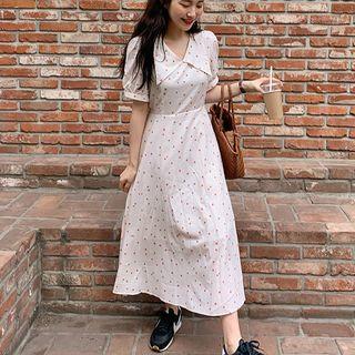 Dotted Collared Short-sleeve Midi A-line Dress