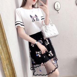 Set: Printed Short Sleeve T-shirt + Embroidered A-line Skirt