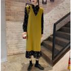 Long-sleeve Floral Midi Dress / Knit Vest