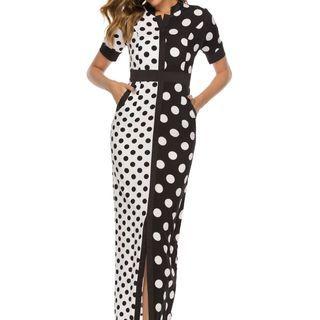 Dotted Front-slit Sheath Dress
