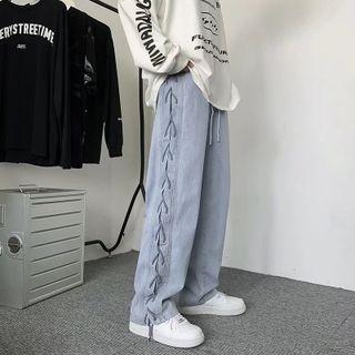 Elastic-waist Straight Leg Plain Lace Up Jeans