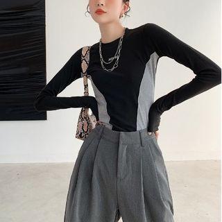 Color-block Long-sleeve Top Black & Gray - One Size