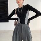 Color-block Long-sleeve Top Black & Gray - One Size