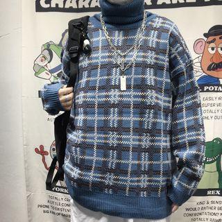 Mock-turtleneck Plaid Sweater As Shown In Figure - One Size