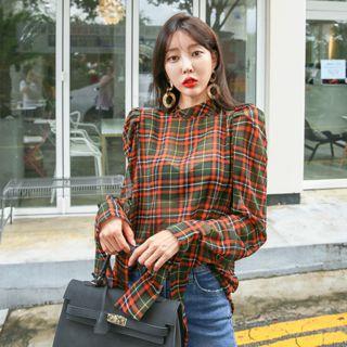 Mock-neck Tie-cuff Plaid Blouse