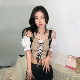 Short-sleeve Cold Shoulder Lace-up Crop Top
