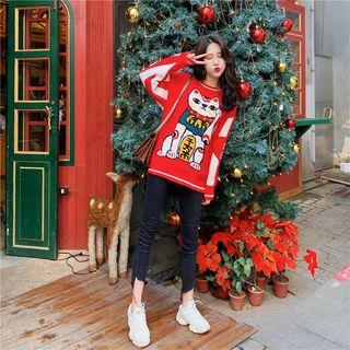 Cat Jacquard Sweater Red - One Size