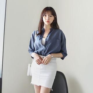 Mandarin-collar Elbow-sleeve Linen Shirt