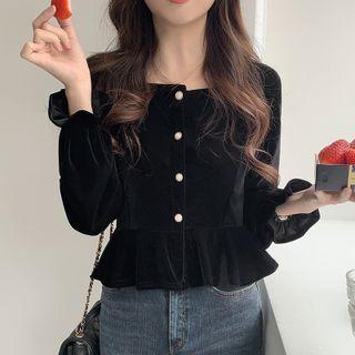 Long-sleeve Square-neck Velvet Cropped Shirt
