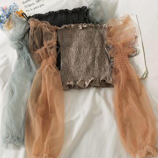 Patchwork Off-shoulder Smocked Crop Top