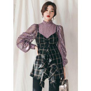 Spaghetti-strap Draped Mini Plaid Dress