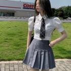 Short-sleeve Shirt / Double Breasted Vest / Pleated Skirt