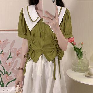 Contrast Collar Drawstring Cropped Blouse