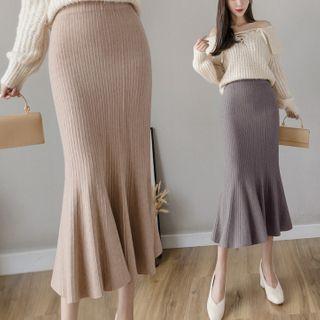 Ruffle Hem Midi Pencil Knit Skirt