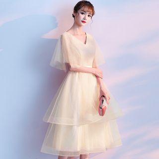 Elbow-sleeve Midi Tiered Mesh Prom Dress