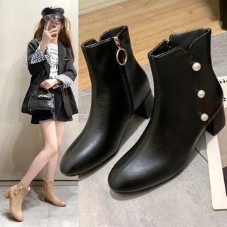 Faux Pearl Chunky Heel Short Boots