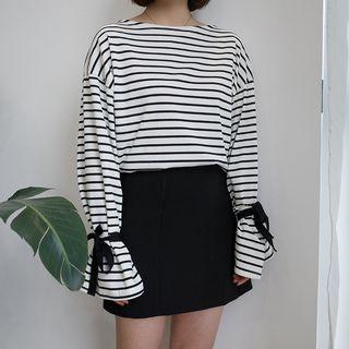 Bow Accent Striped Long Sleeve T-shirt
