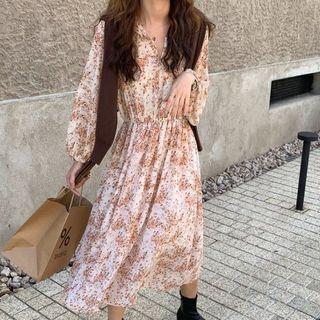 Long-sleeve Floral Print Midi Dress Beige - One Size
