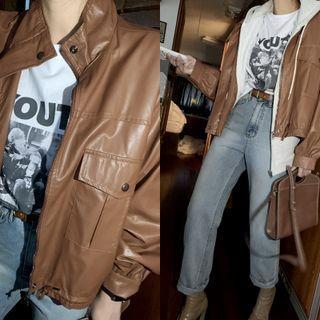 Drawstring-hem Zip-up Faux Leather Jacket