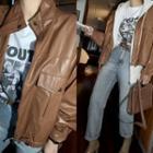 Drawstring-hem Zip-up Faux Leather Jacket