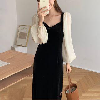 Square Neck Long-sleeve Panel Midi Dress Black - One Size