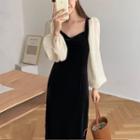 Square Neck Long-sleeve Panel Midi Dress Black - One Size