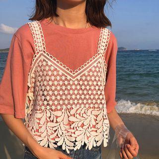 Plain Short-sleeve T-shirt / Lace Tank Top