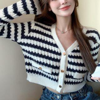 Long-sleeve Sheath Striped Cardigan As Shown In Figure - One Size